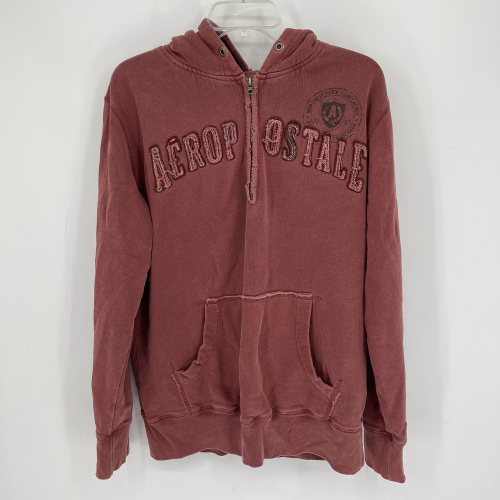 Vintage‎ Aeropostale Men's Burgundy Distressed Logo Hoodie Sweatshirt Size M